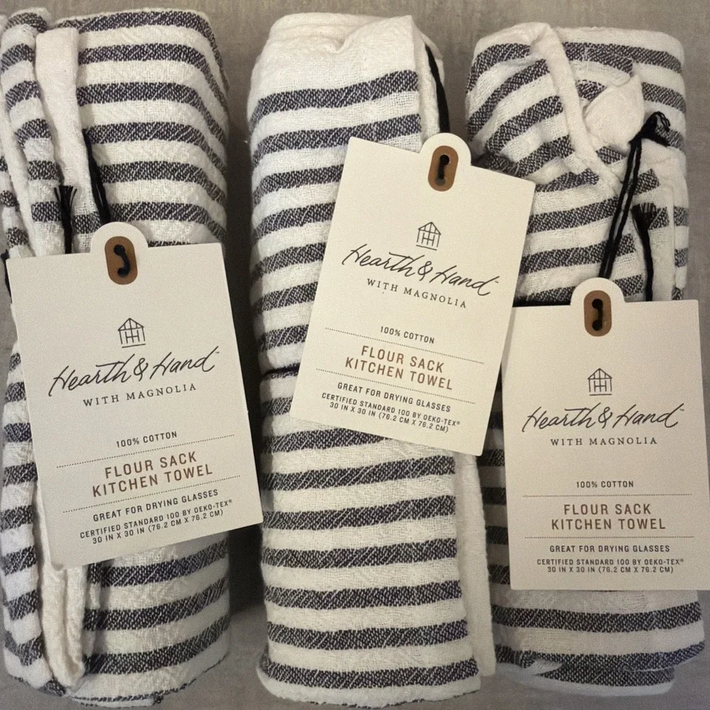 Magnolia Hearth Hand Kitchen Flour Sack Dish Towel Mini Stripe Charcoal Gray 3pc